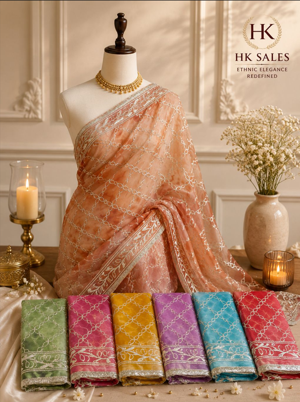 Chiffon Tie-Dye Print Saree with Hand Gota Patti Work and Checks Jaal – Festive Wear with Blouse Piece