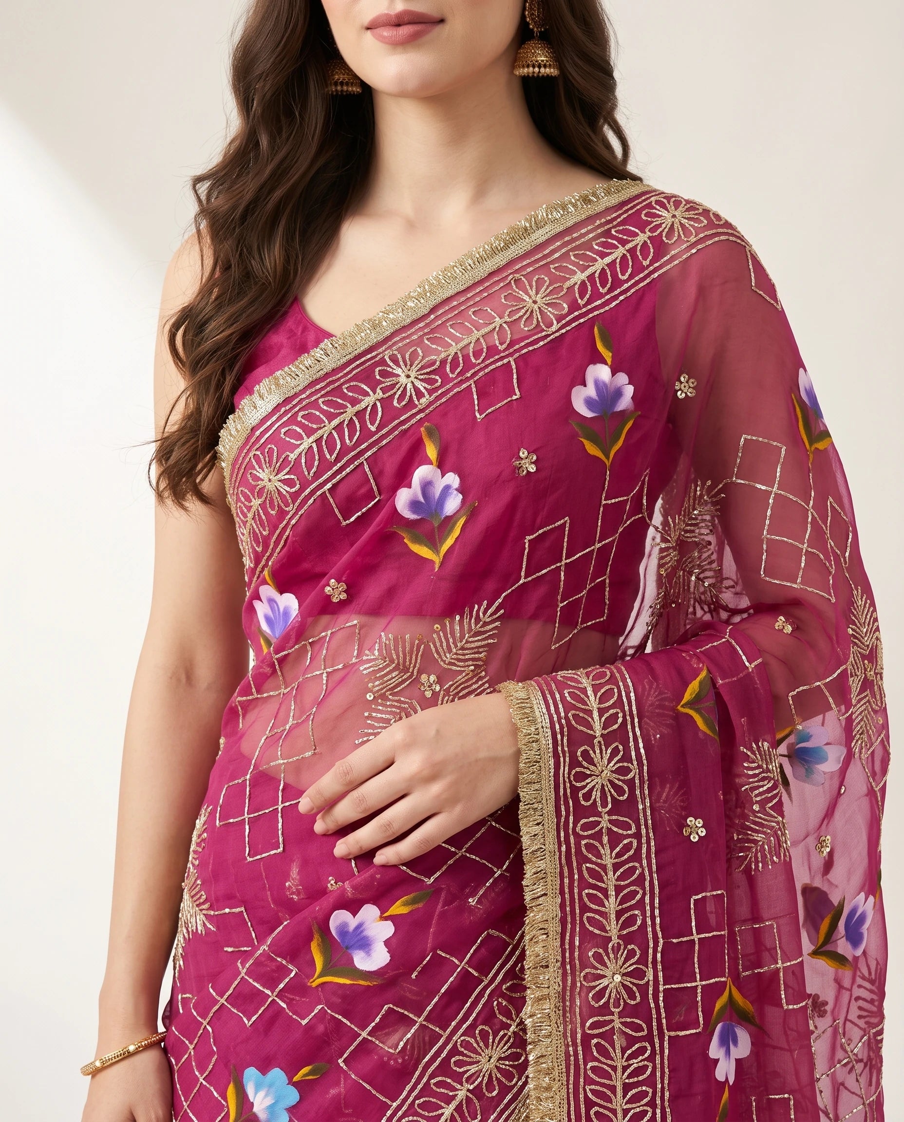 Chiffon Gota Patti Saree with Oil Print Flowers and Lace Border – Festive Wear with Blouse Piece
