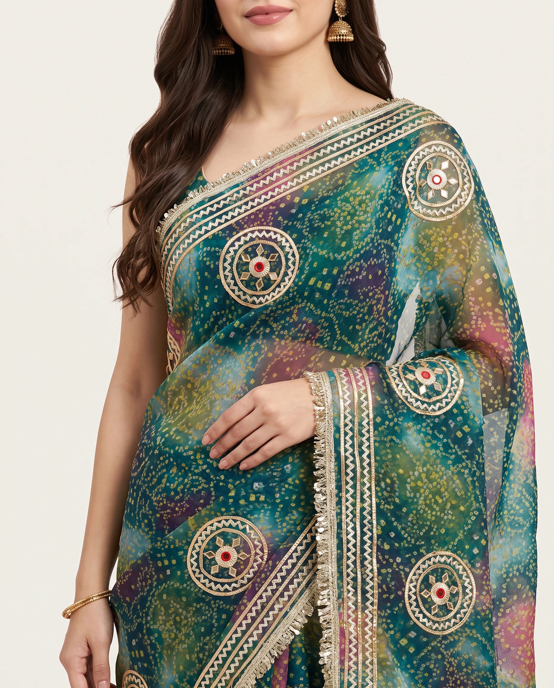 Chiffon Bandhani Print Saree with Hand Gota Patti Chakra Motifs – Festive Wear with Blouse Piece