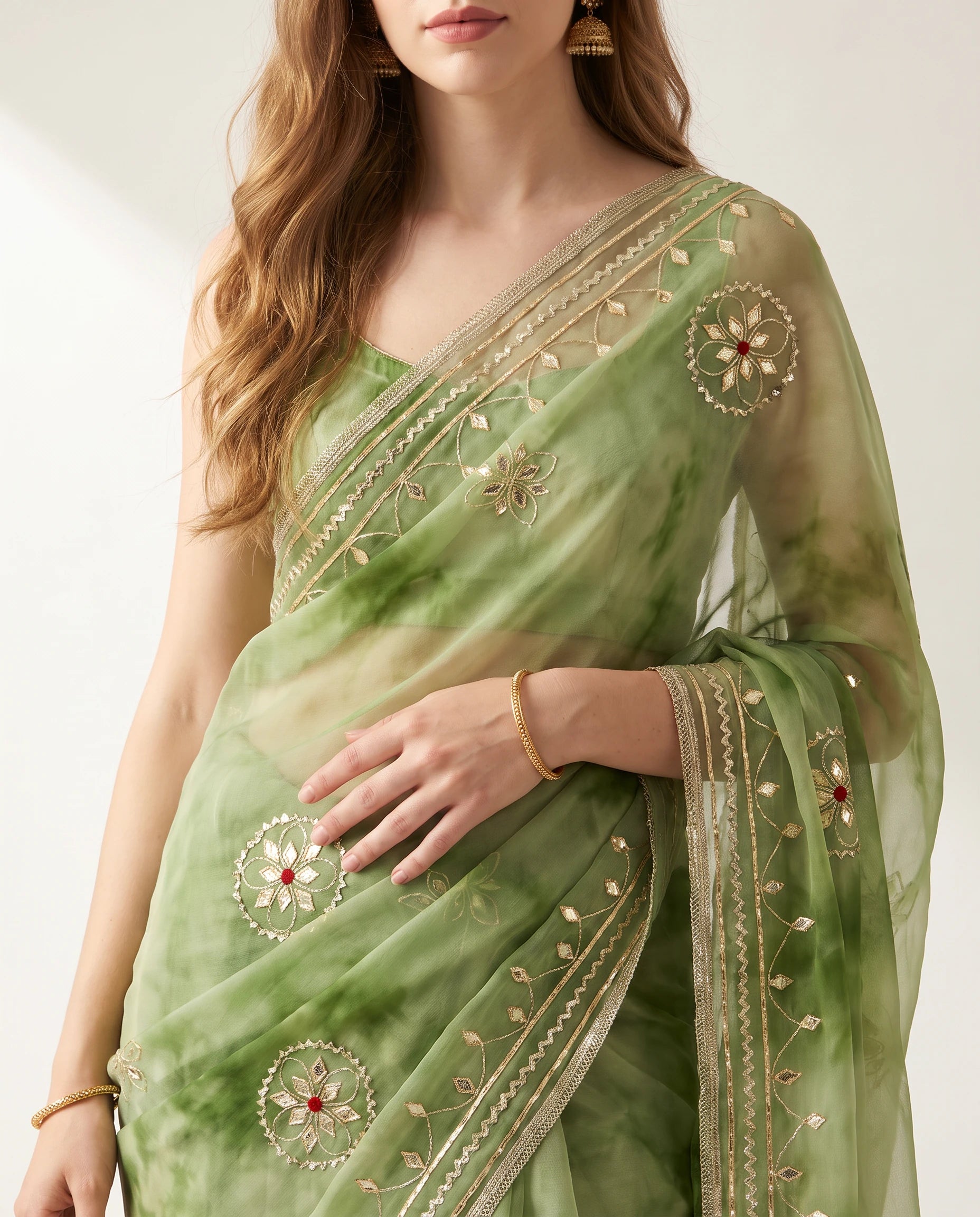 Tie and Dye Chiffon Saree with Gota Patti Phool Work - Rajasthani Party Wear