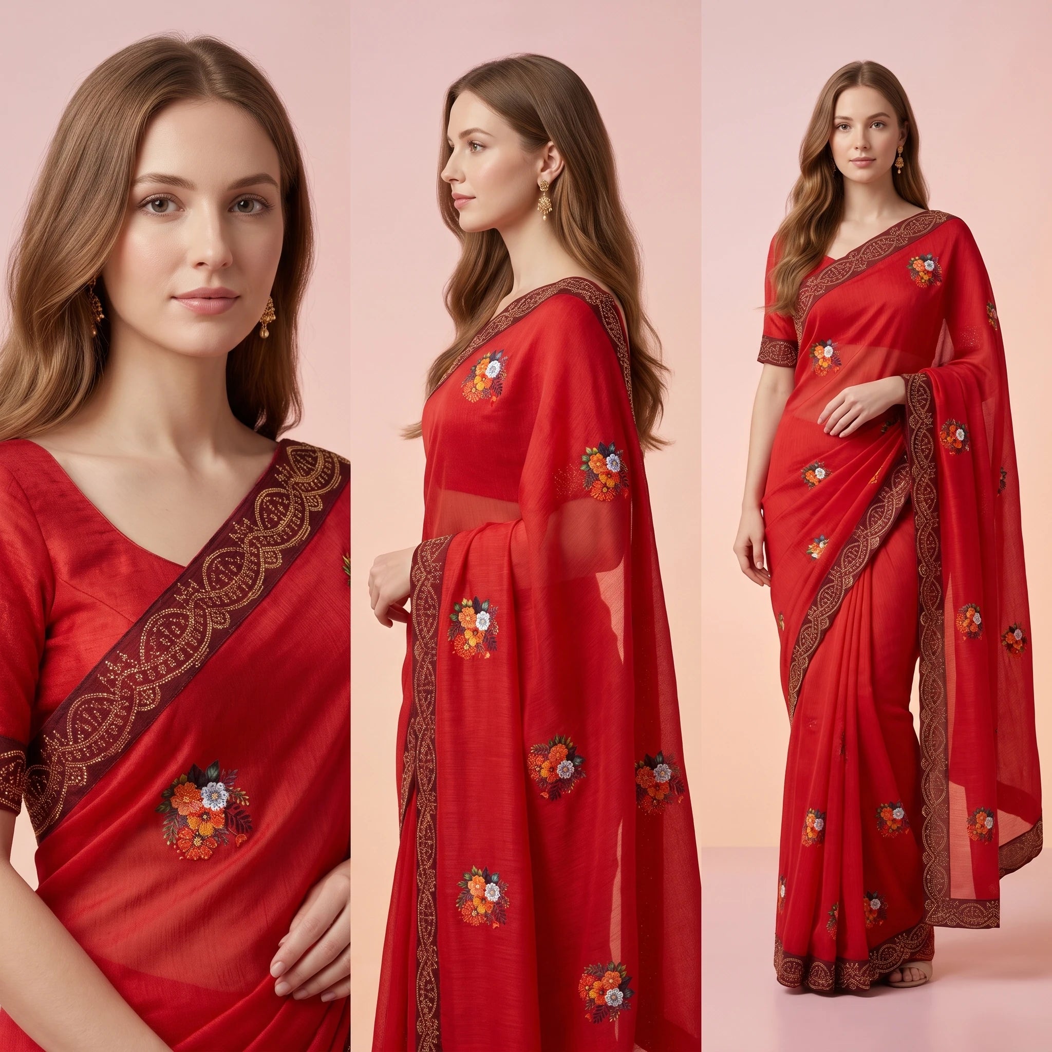 Silk Blend Saree with Printed Floral Butis, Stone Work and Paisley Border – Party Wear