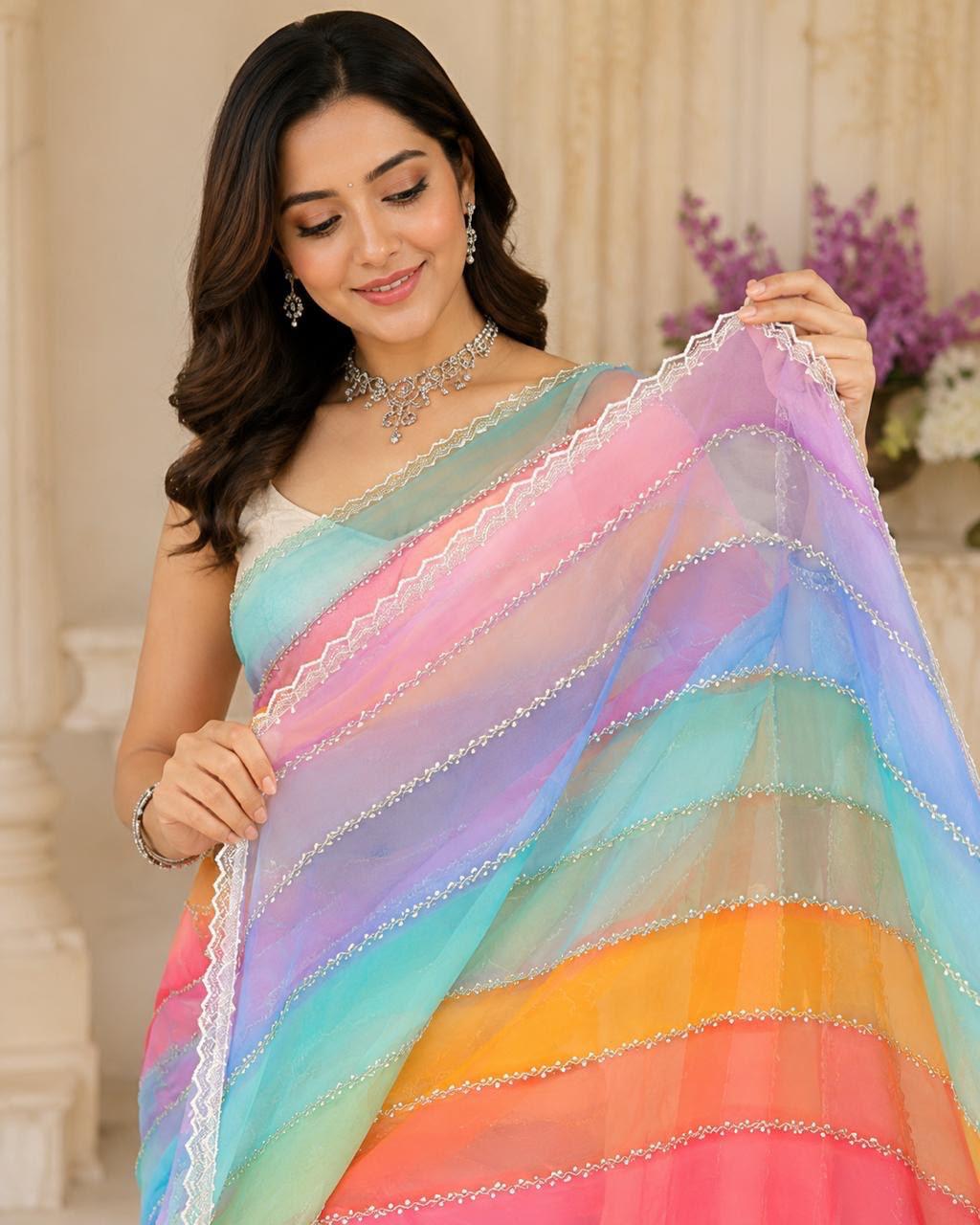Film Tissue Organza Rainbow Saree with Hand Bead and Pearl Work – Party Wear with Blouse Piece