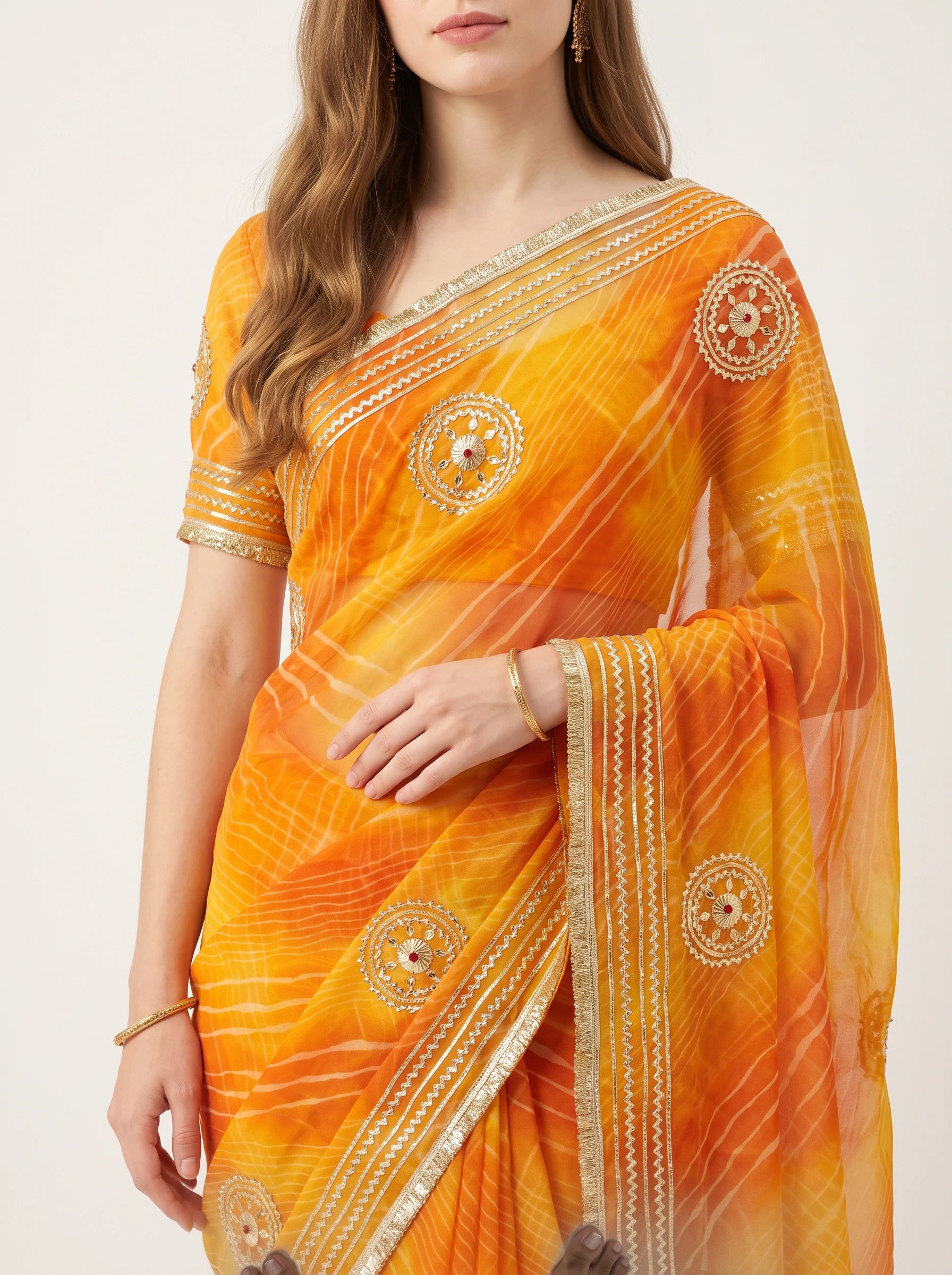 Leheriya Print Chiffon Saree with Gota Patti Work - Rajasthani Party Wear
