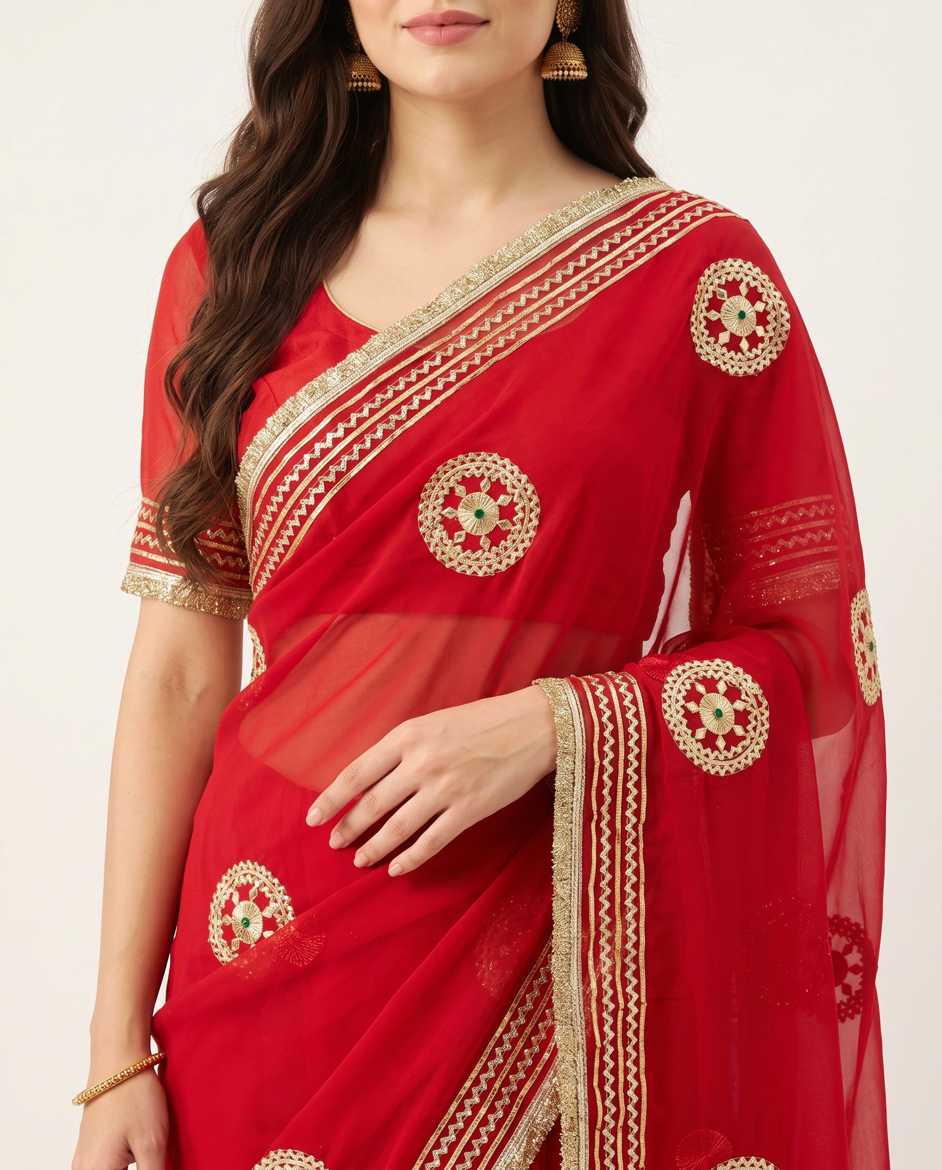 Chiffon Gota Patti Saree with Chakra Motifs and Gota Lace Border – Festive Wear with Blouse Piece