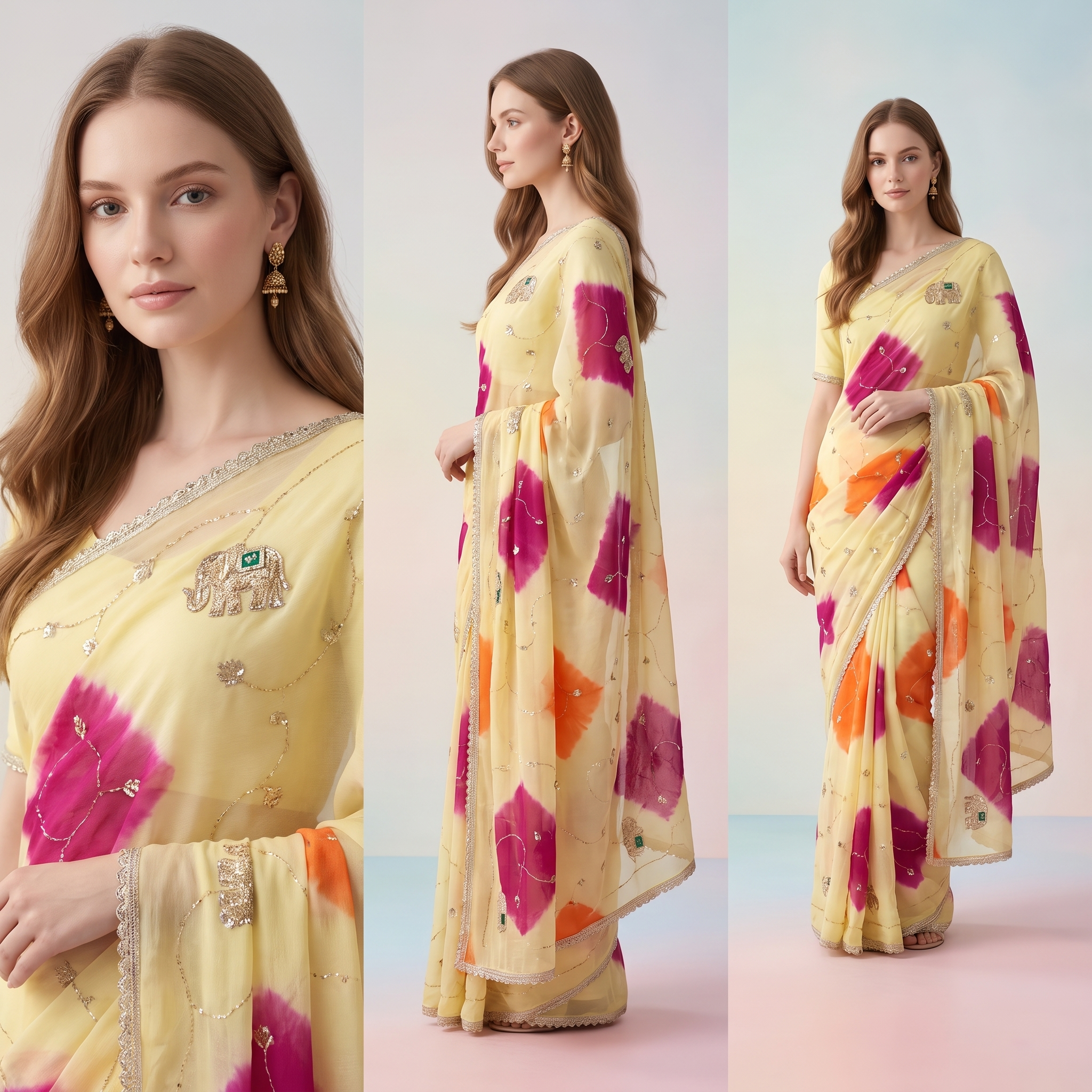 Jaipuri Chiffon Tie-Dye Saree with Zari Sequin Elephant Motifs – Festive Wear with Blouse Piece