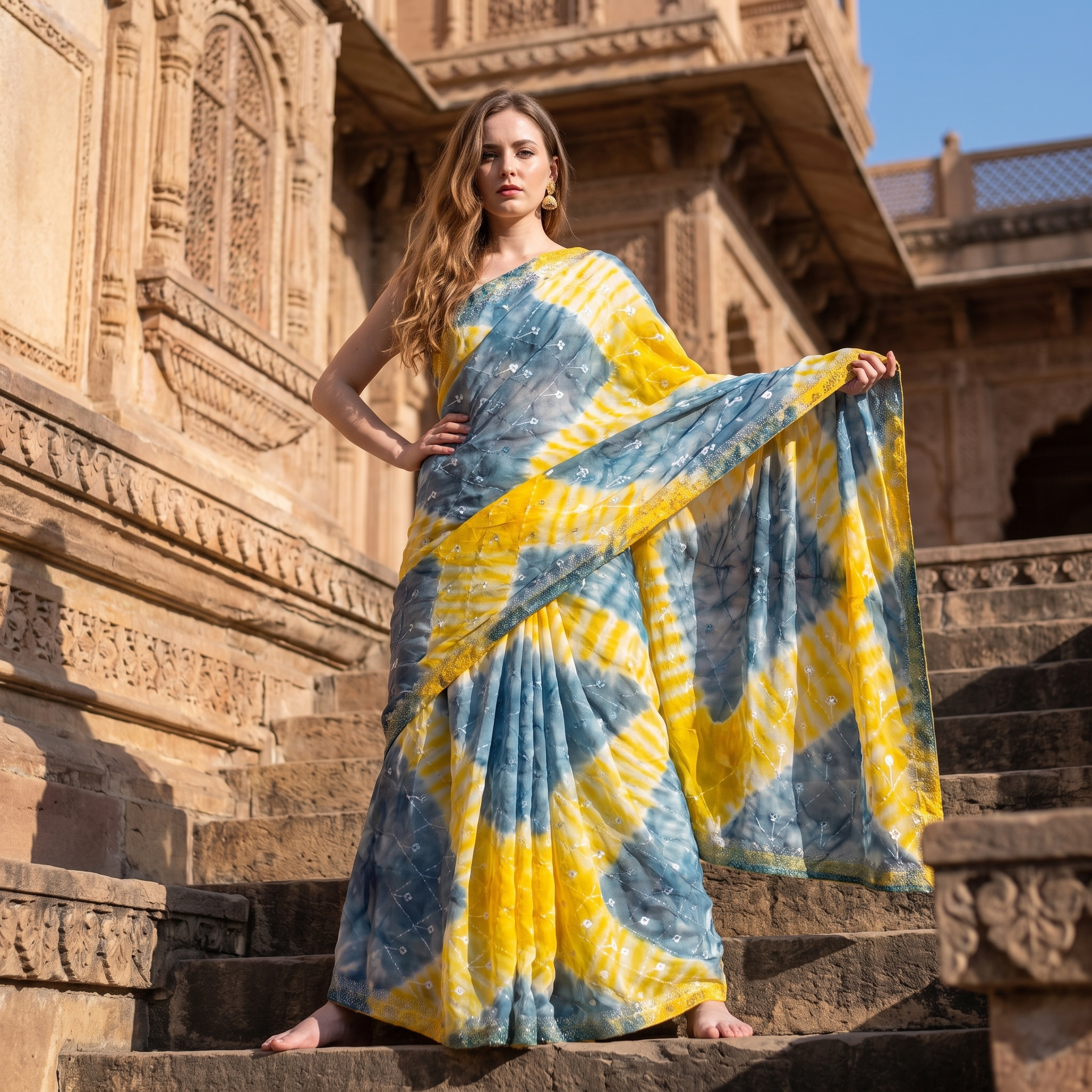 Organza Tie-Dye Saree with Mirror & Thread Work