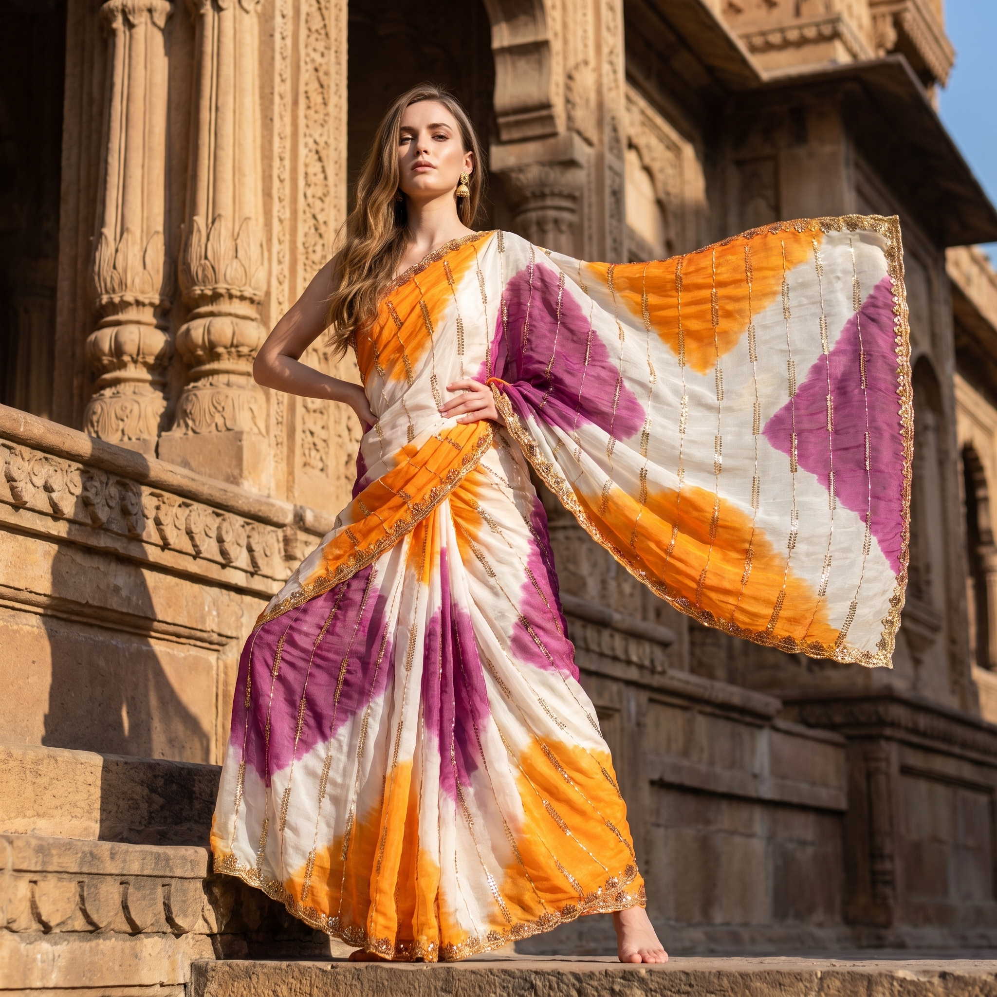 Jaipuri Chiffon Hand Dyed Saree with Jaipuri Line Embroidery – Festive Wear with Blouse Piece