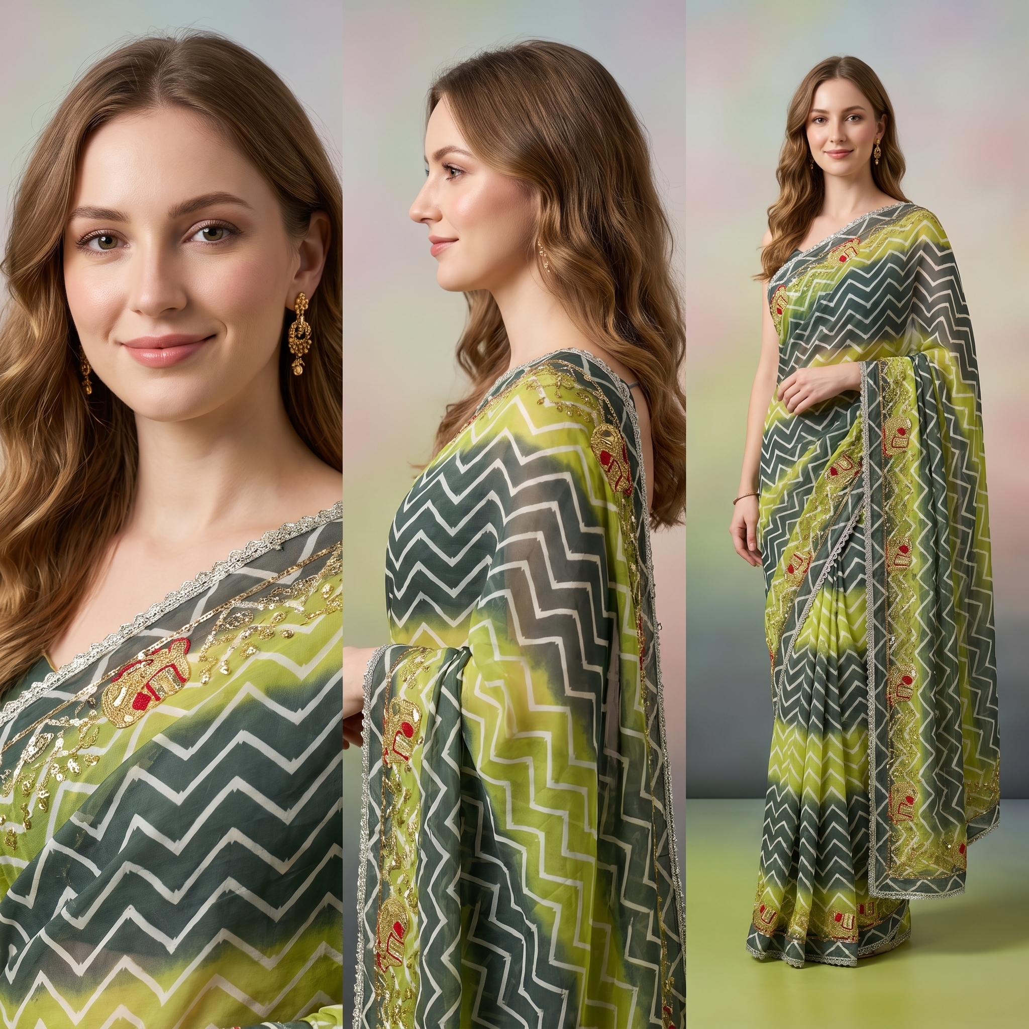 Chiffon Blend Saree with Shaded Chevron Print and Hathi Embroidery Border – Wedding Wear with Blouse Piece