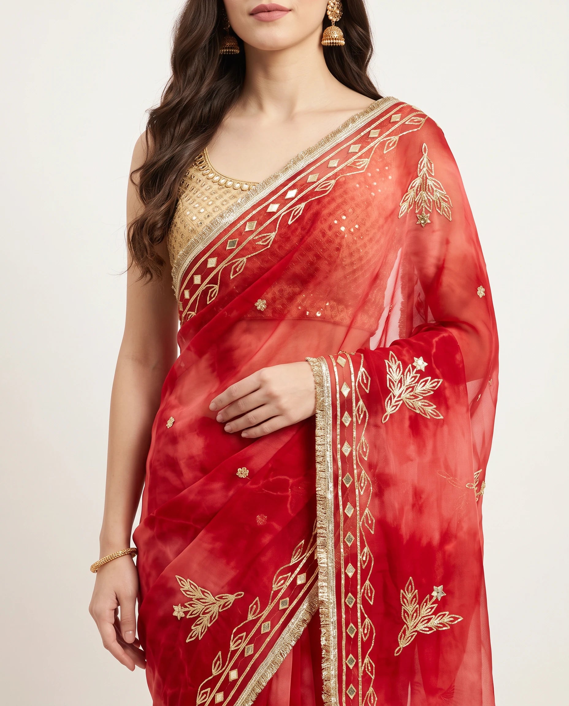 Chiffon Tie-Dye Saree with Hand Gota Patti Leaf Motifs and Gota Vine Border – Festive Wear