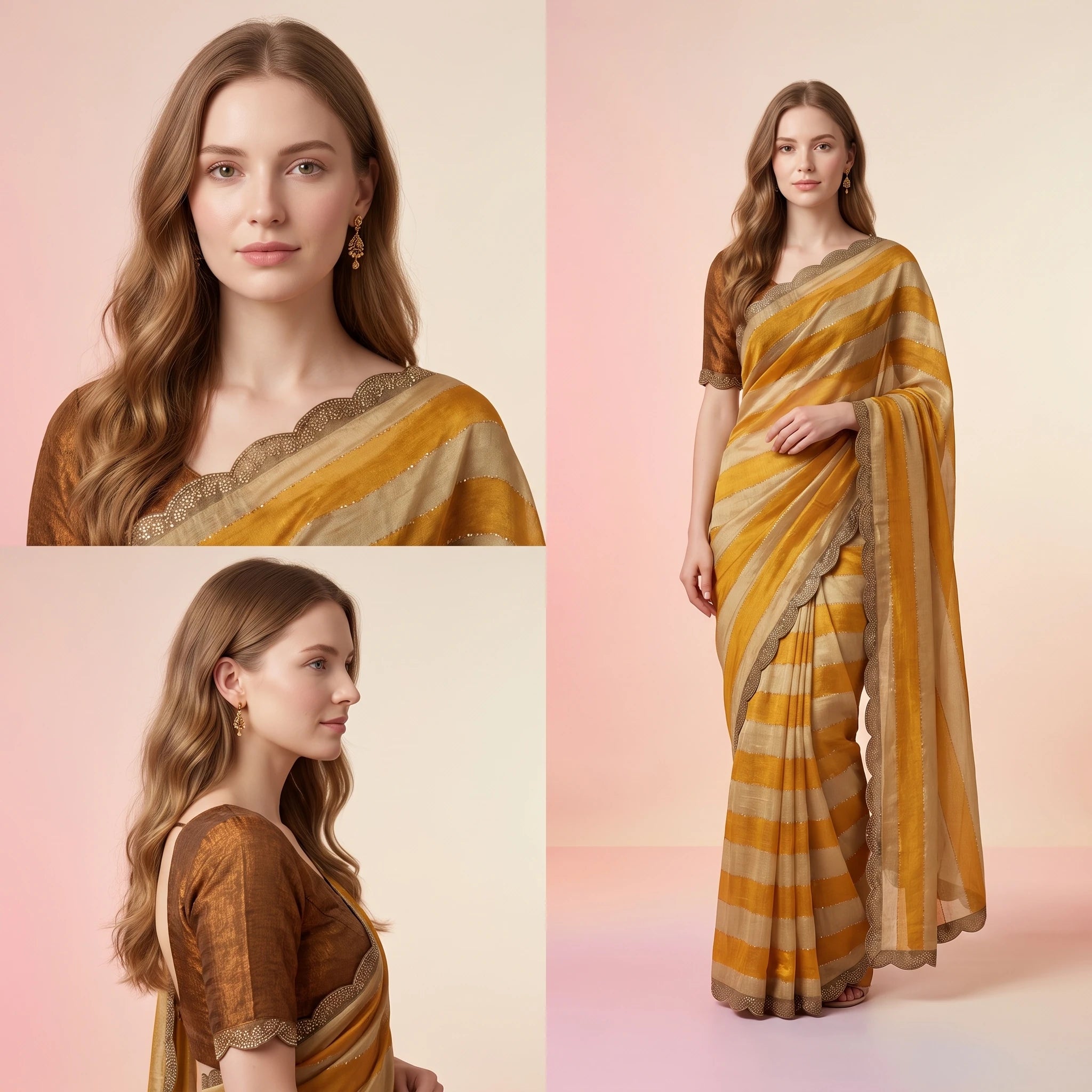 Tissue Saree with Gold and Colour Stripes, Stone Work and Scalloped Border – Party Wear