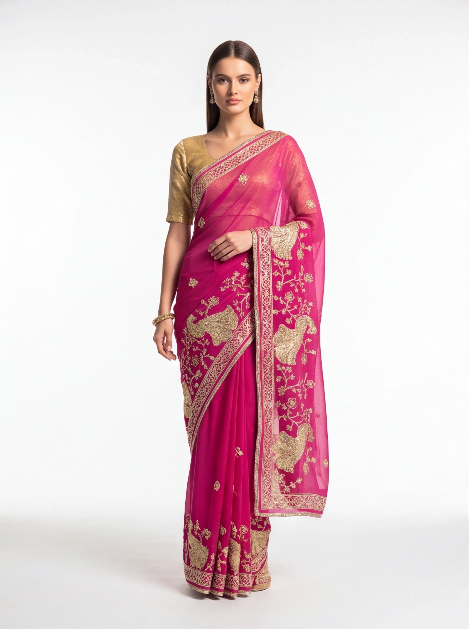 Rajasthani Gota Patti Chiffon Saree with Mor Peacock Motifs - Party Wear