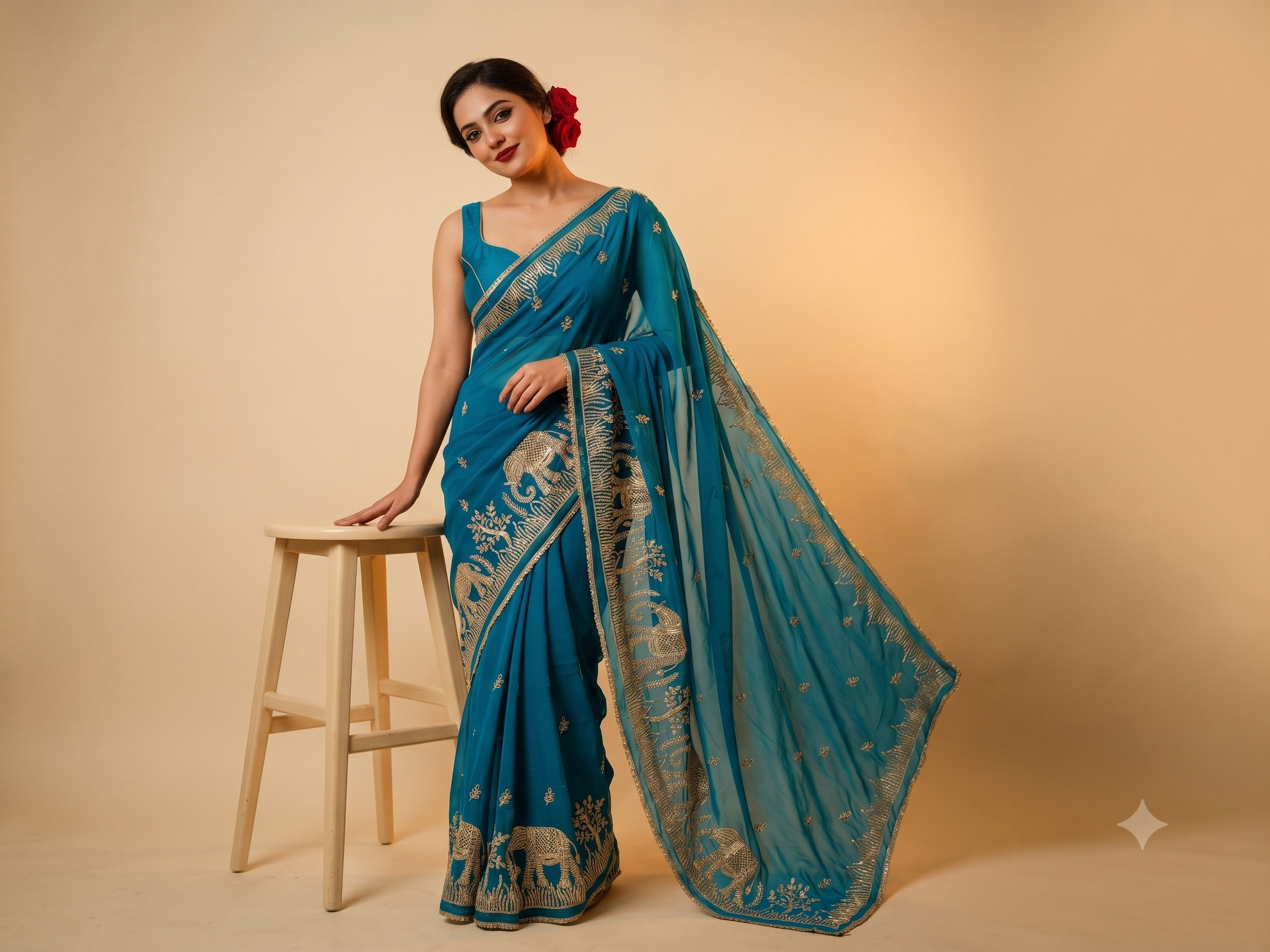 Rajasthani Gota Patti Chiffon Saree with Hathi and Tree Motifs - Party Wear