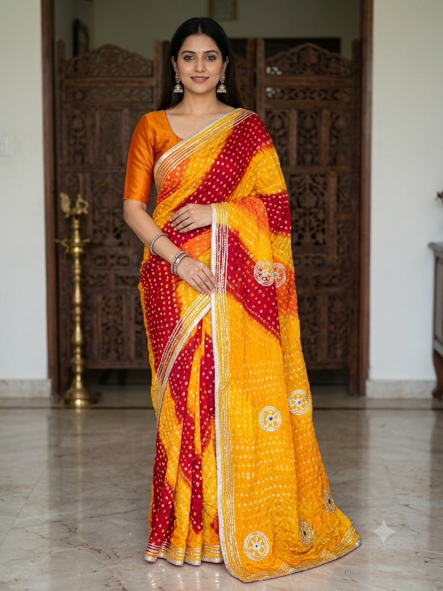 Bandhani Print Silk Blend Saree with Gota Patti Work - Party and Festive Wear